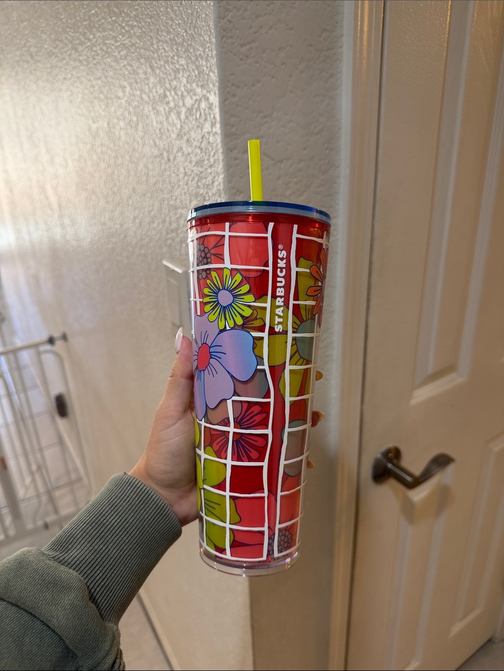 Starbucks Clear Tumbler with Red Insert and Yellow Straw